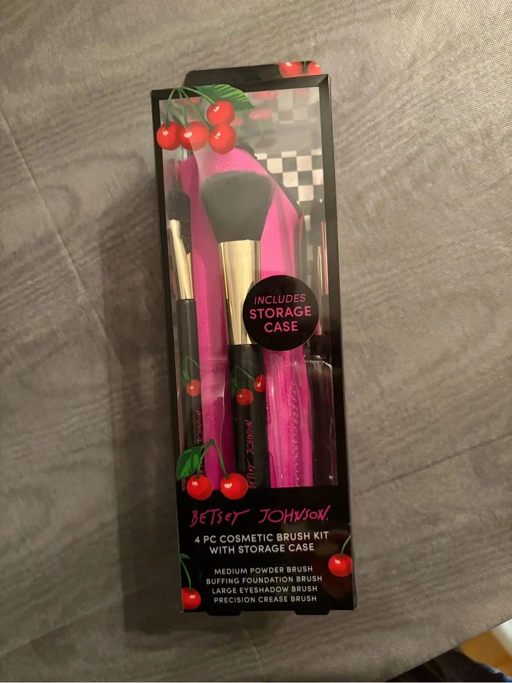 Betsey Johnson Cherry-Print 4-Piece Makeup Brush Set in Hot Pink & Black